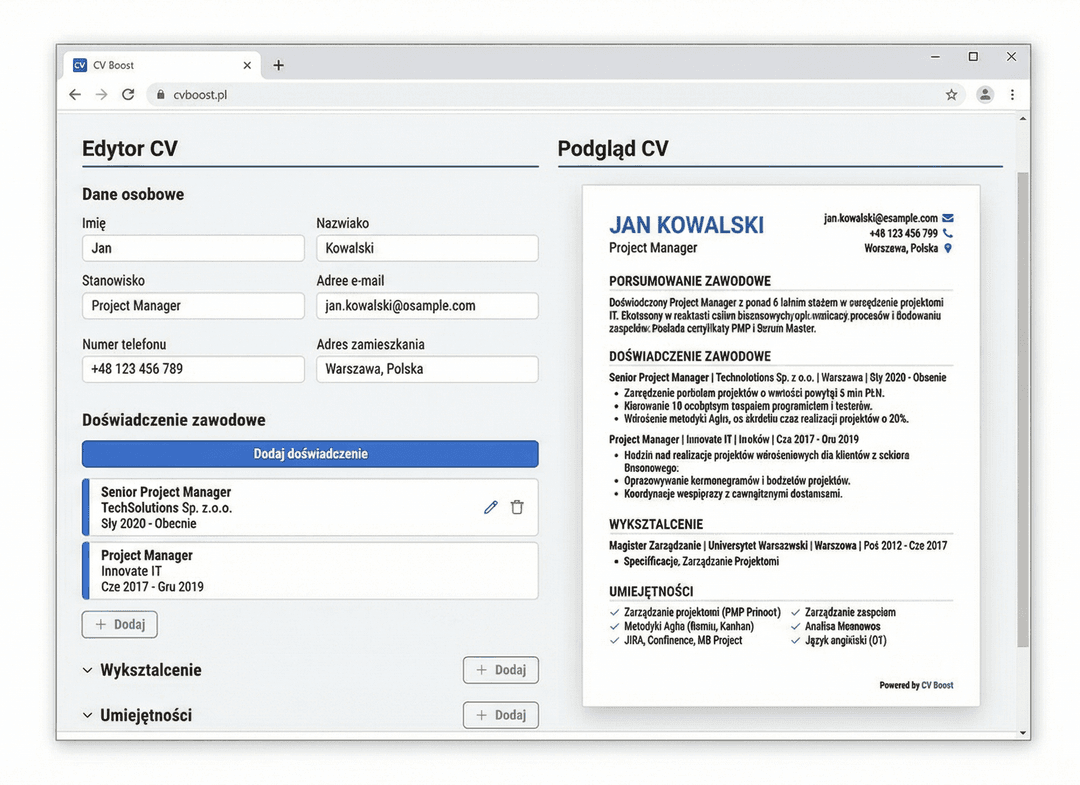 CV creator editor interface mockup, modern dashboard with live preview, clean UI design, blue accents