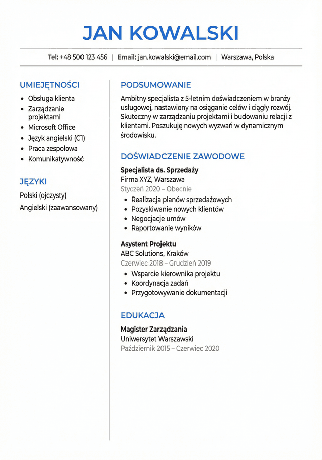 clean minimal resume template CV design, modern professional layout, blue accents