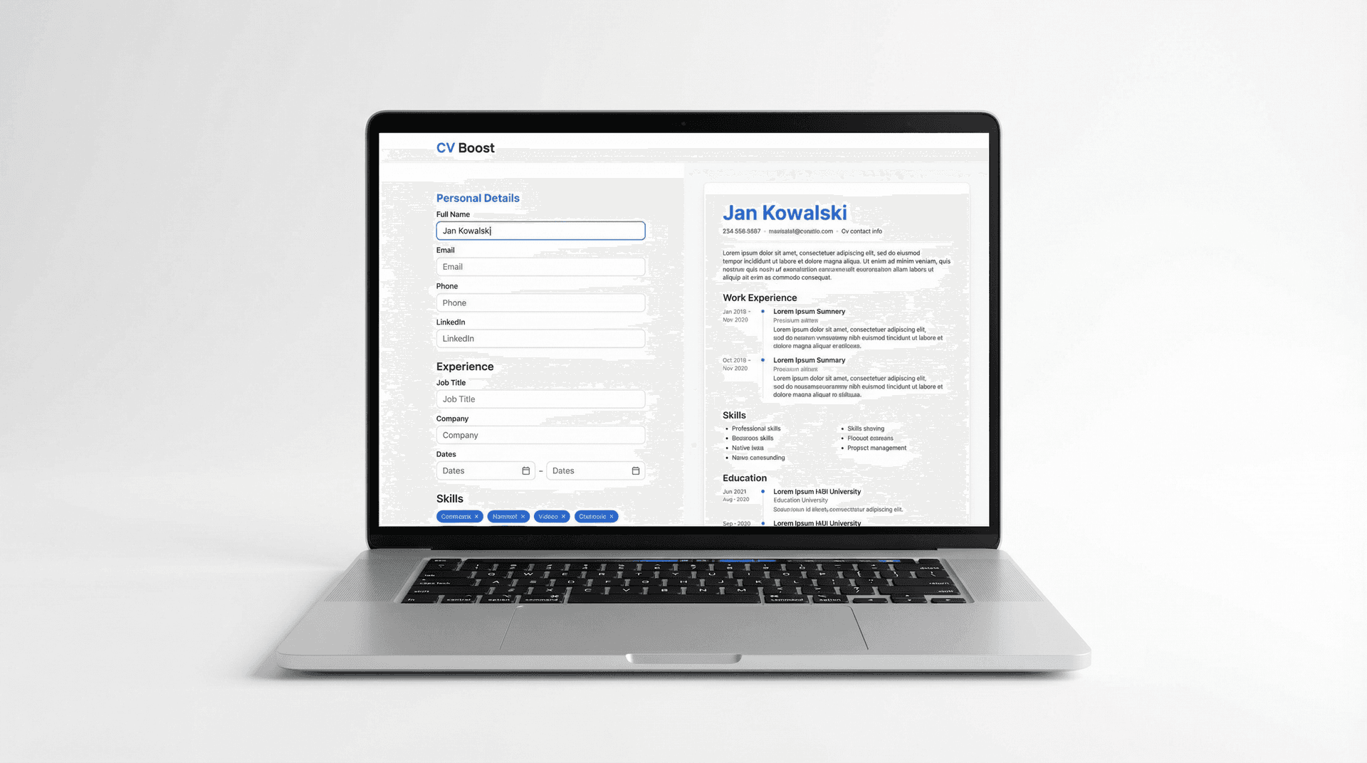modern minimalist laptop mockup showing CV creator interface with clean resume template, blue accents, professional layout, white background