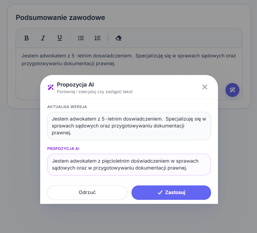 Podpowiedź AI do treści CV w edytorze CV Boost