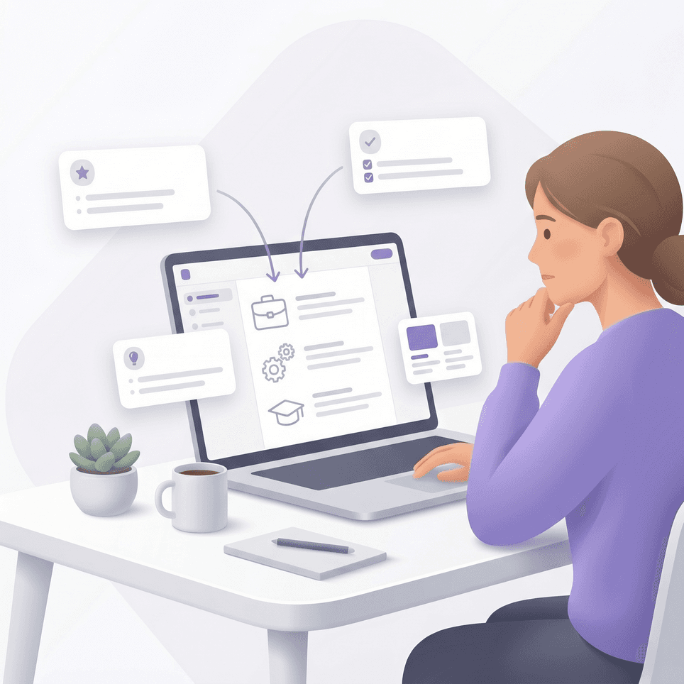 Osoba tworząca CV online z pomocą podpowiedzi w edytorze