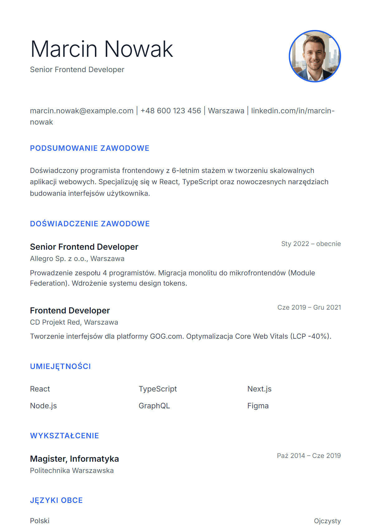 Wybrany szablon CV — Minimalistyczny