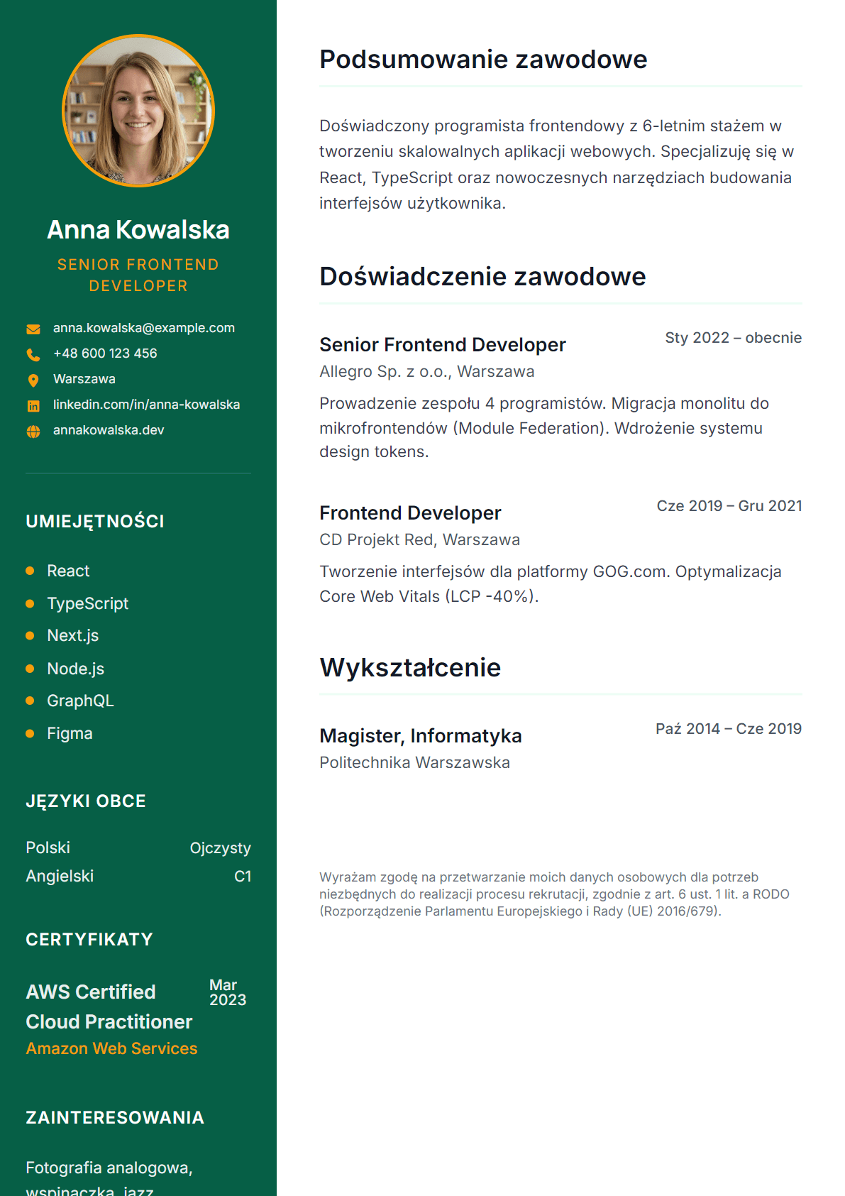 Foto-wizytówka szablon CV