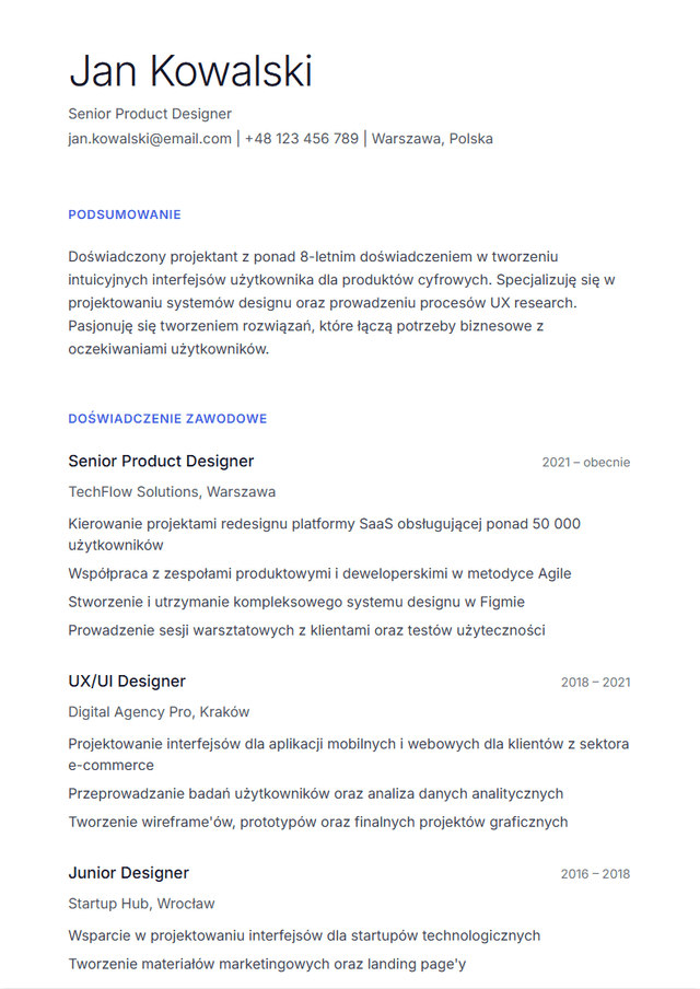 clean minimal resume template CV design, modern professional layout, blue accents